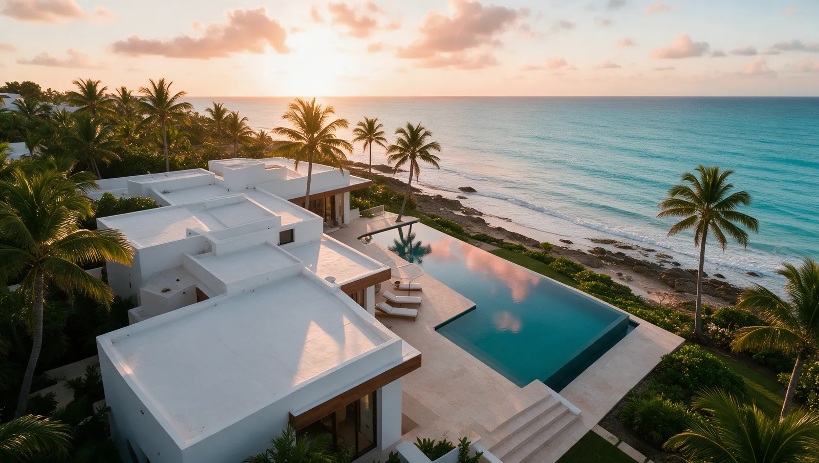 Aerial view of the villa, pool and coastline at golden hour