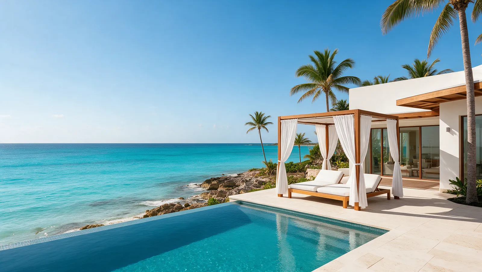 Poolside daybeds under a teak pergola with white curtains