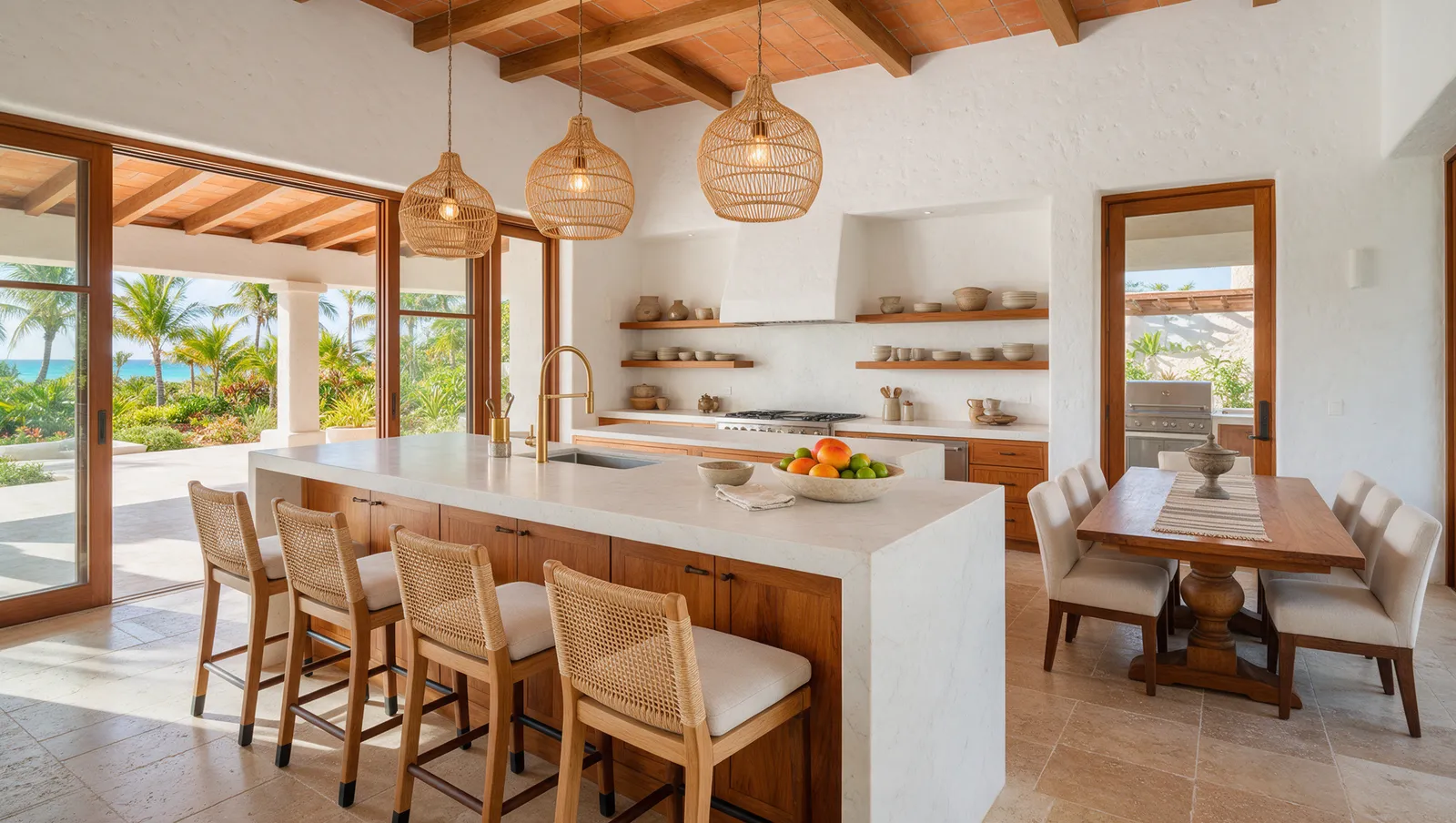 White kitchen with a long island, rattan stools and dining table