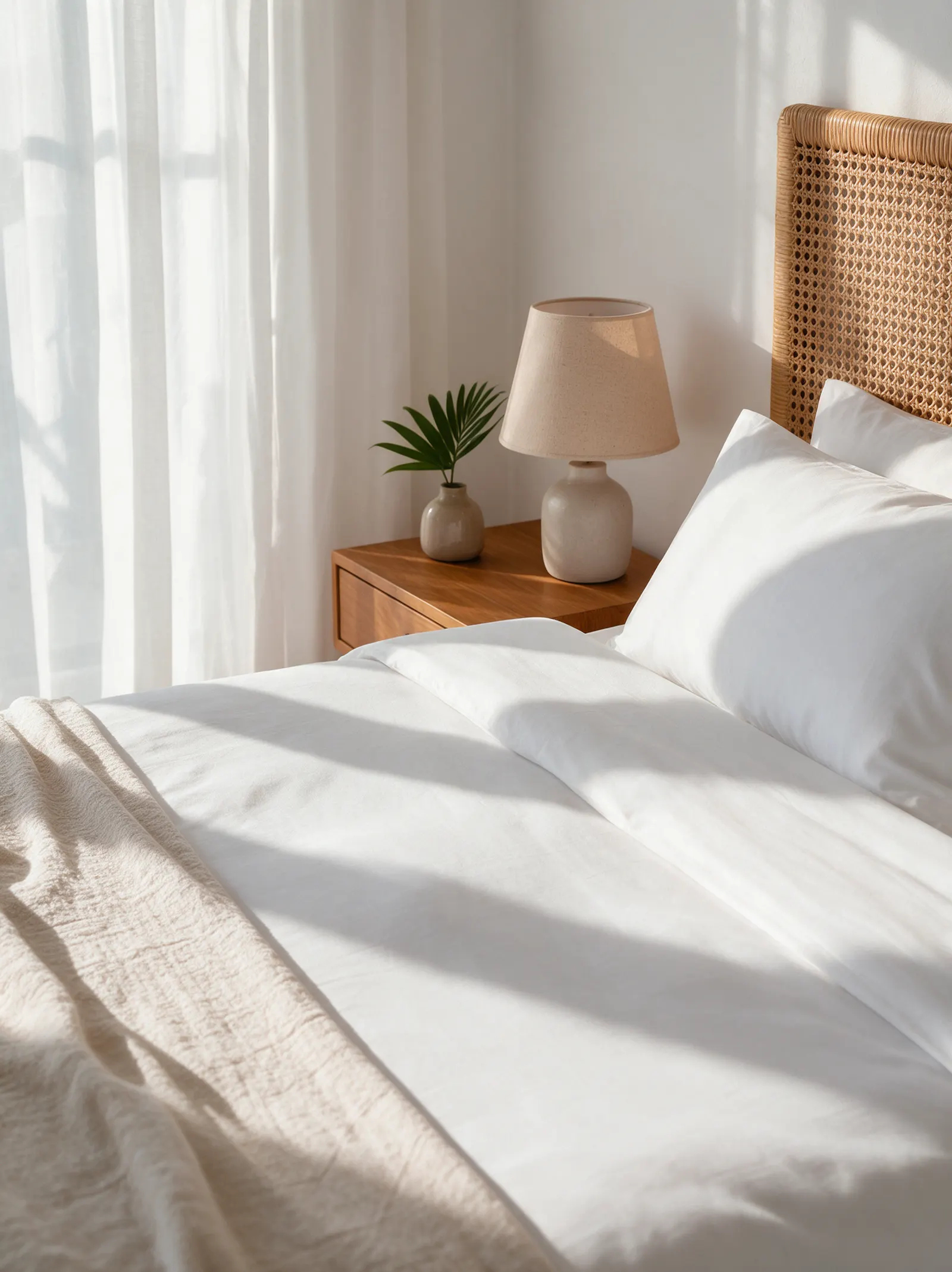 Close detail of linen bedding, rattan headboard and bedside lamp