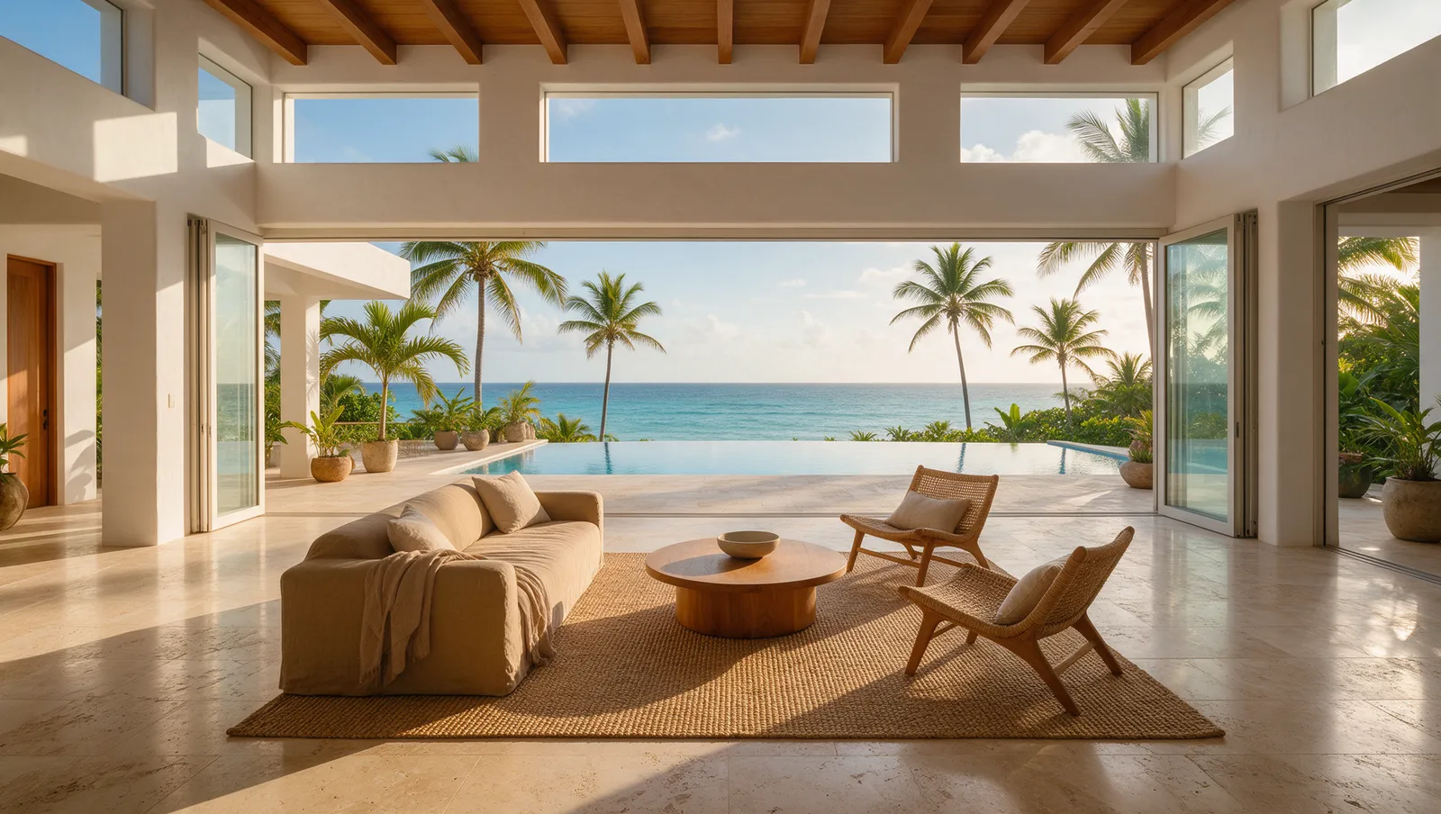 Open living room with teak beams opening onto the pool and ocean