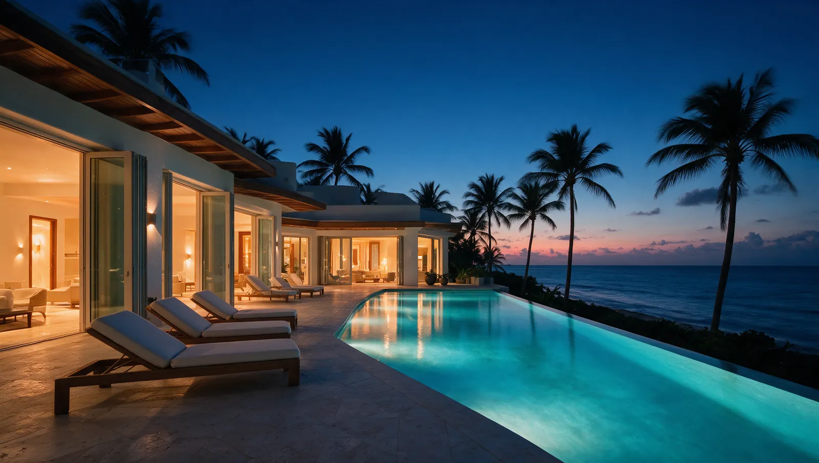 Villa at blue hour with interior lights on and the pool glowing